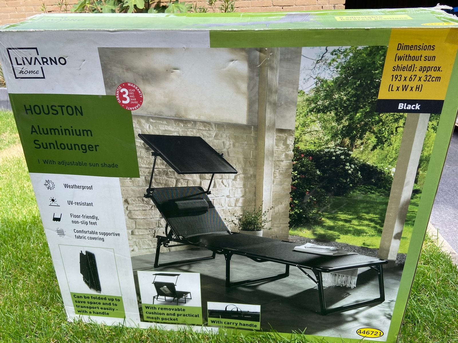 LIVARNO home Houston Aluminium Ligstoel met zonnescherm, Ophalen, Nieuw, Aluminium, Inklapbaar
