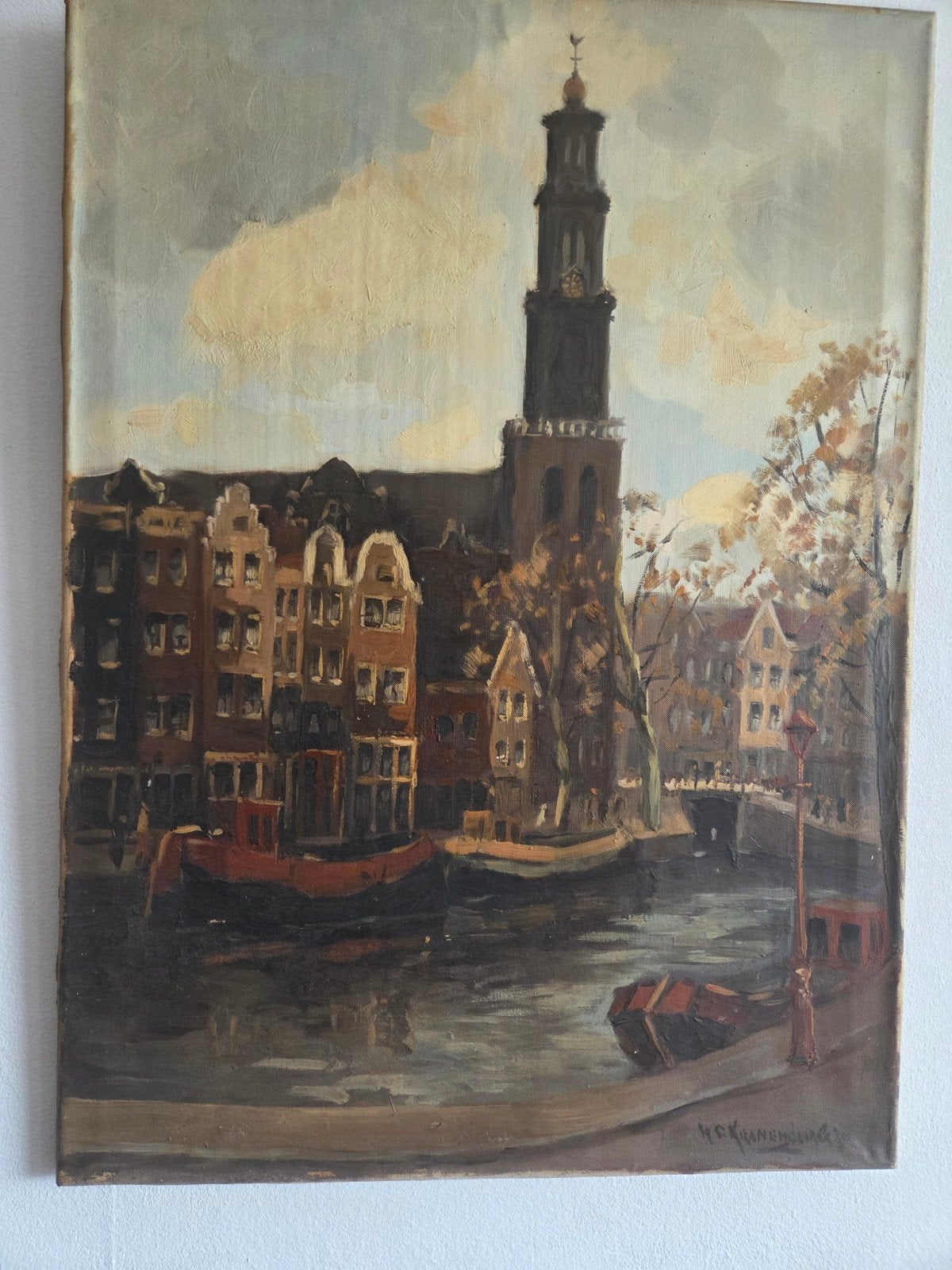 Olieverfschilderij Amsterdamse gracht met Westerkerk, Antiek en Kunst, Gesigneerd, Doek, Realistisch, Ophalen of Verzenden