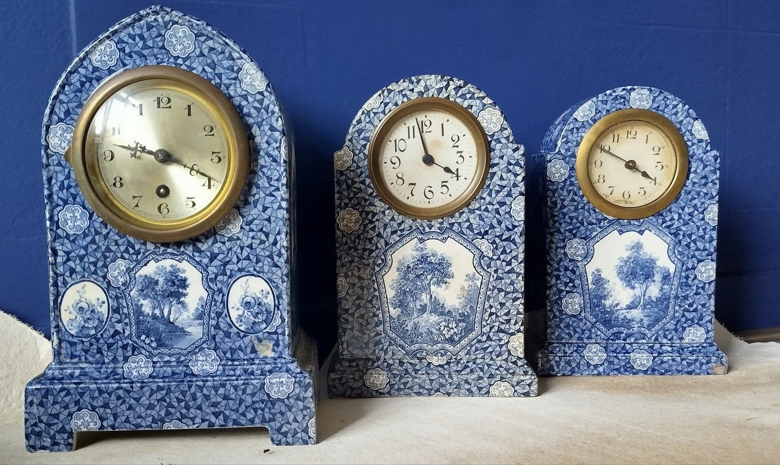 3 antieke Delfts blauwe schouwklokken, Ophalen of Verzenden