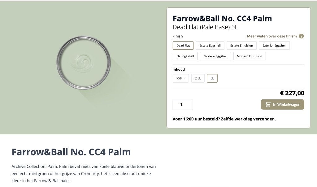 10 liter latex muurverf Farrow Ball CC4 Palm in Masius emmer, Ophalen, Nieuw, Verf, 10 tot 15 liter