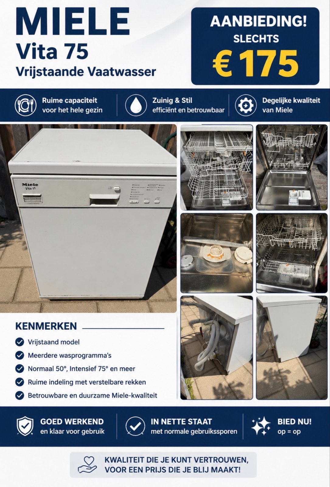 Miele Vita 75 Vrijstaande Vaatwasser - Goed Werkend, Witgoed en Apparatuur, Vaatwasmachines, Gebruikt, 60 cm of meer, Eco programma