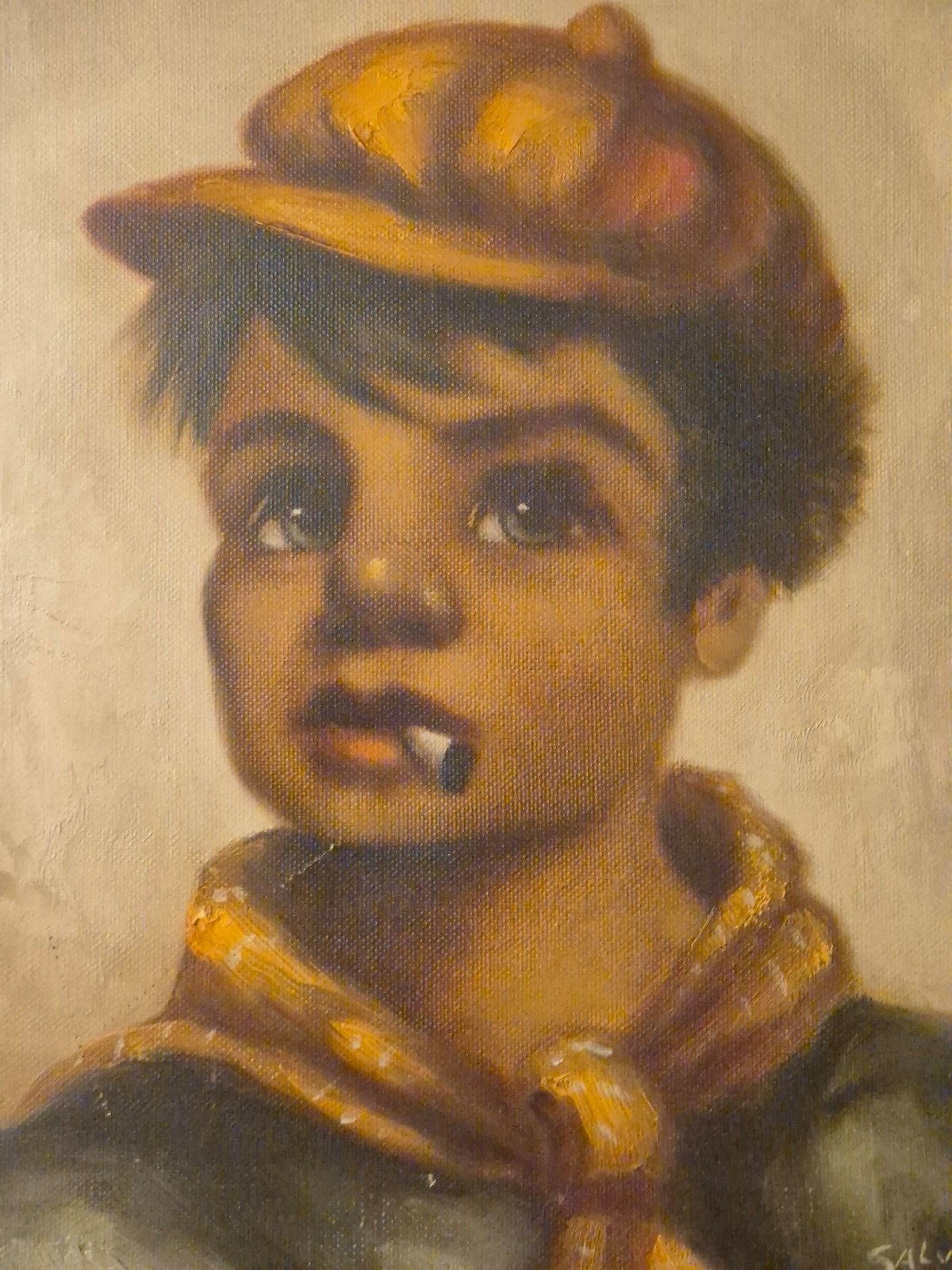 Vintage olieverfschilderij "Schoffie met sigaret" –Salvatore, Antiek en Kunst, Ophalen of Verzenden, Gesigneerd, Doek