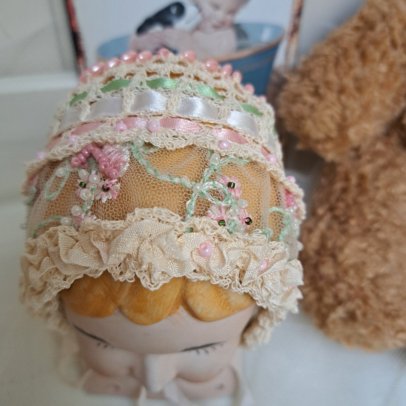 Brocante Hand gehaakt Katoen Poppen muts NIEUW, Ophalen of Verzenden
