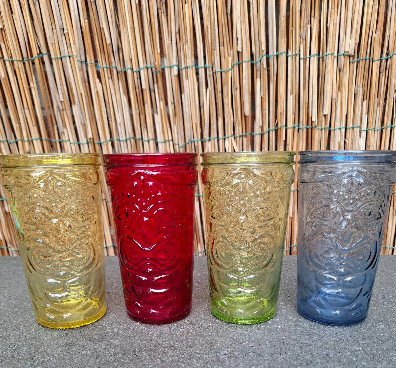Prachtige set Tiki longdrinkglazen, Ophalen of Verzenden, Zo goed als nieuw, Meerkleurig, Glas