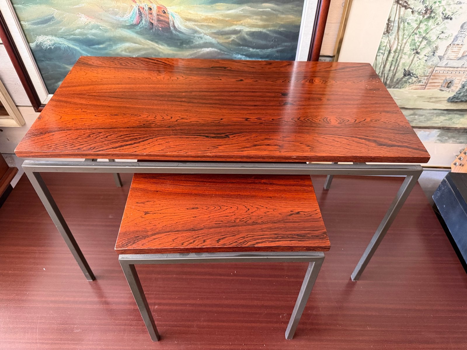 Set van 2 bijzettafels met palissander blad, 45 tot 60 cm, Gebruikt, Rechthoekig, Hout
