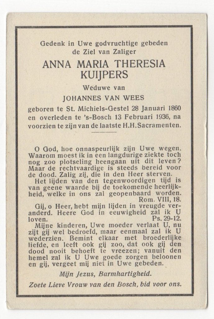 Anna M.T. Kuijpers 1860 St. Michielsgestel + 1936 Den Bosch, Verzenden
