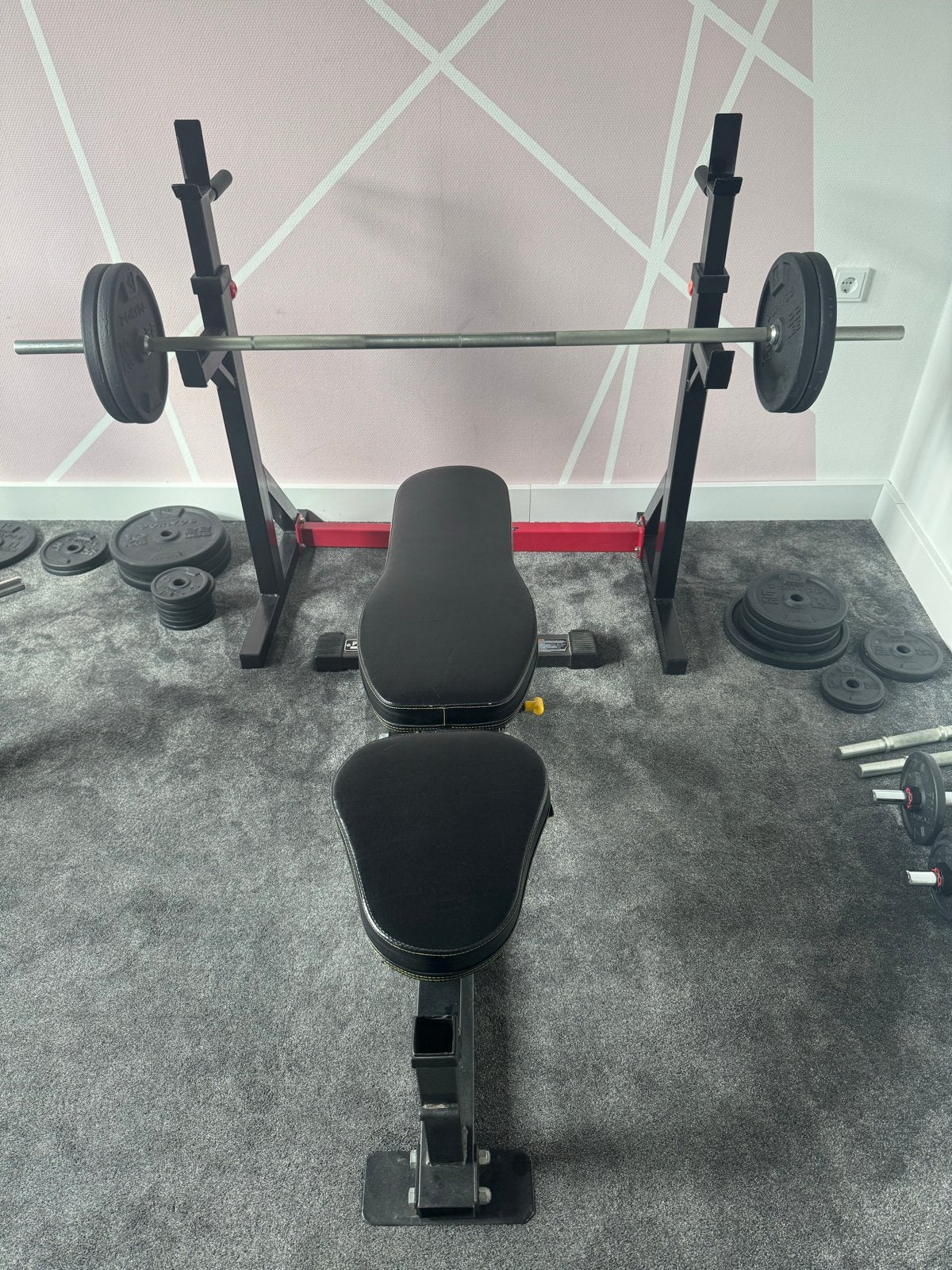 Complete fitness set: bank, stang, curlbank +168KG gewichten, Sport en Fitness, Fitnessmaterialen, Ophalen, Gebruikt, Armen, Fitnessbank