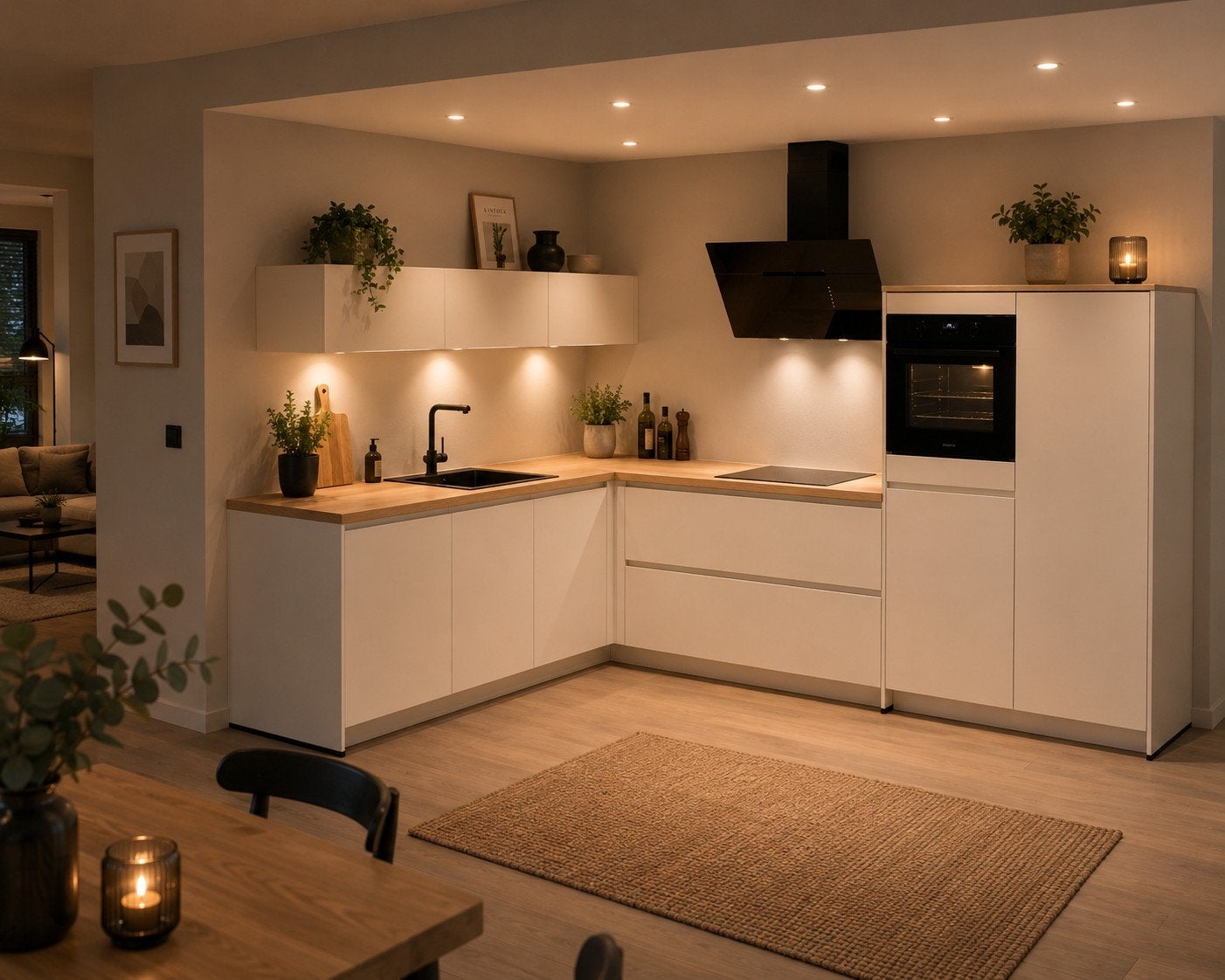 Moderne Hoekkeuken met Houtlook Blad en Inbouwapparatuur, Huis en Inrichting, Keuken | Complete keukens, Ophalen, Overige kleuren