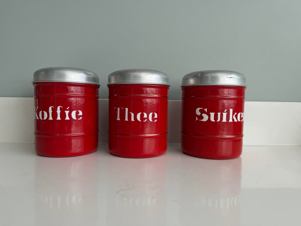 Rood emaille bussenset, Antiek en Kunst, Antiek | Emaille, Ophalen of Verzenden