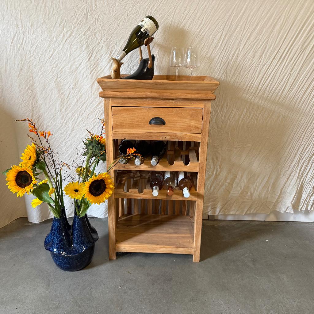 Wijnkast met dienblad - 1 lade - massief teak - TTM Wonen, Huis en Inrichting, TTM Wonen, Meubels – (Perzische) Tapijten en Woonaccessoires