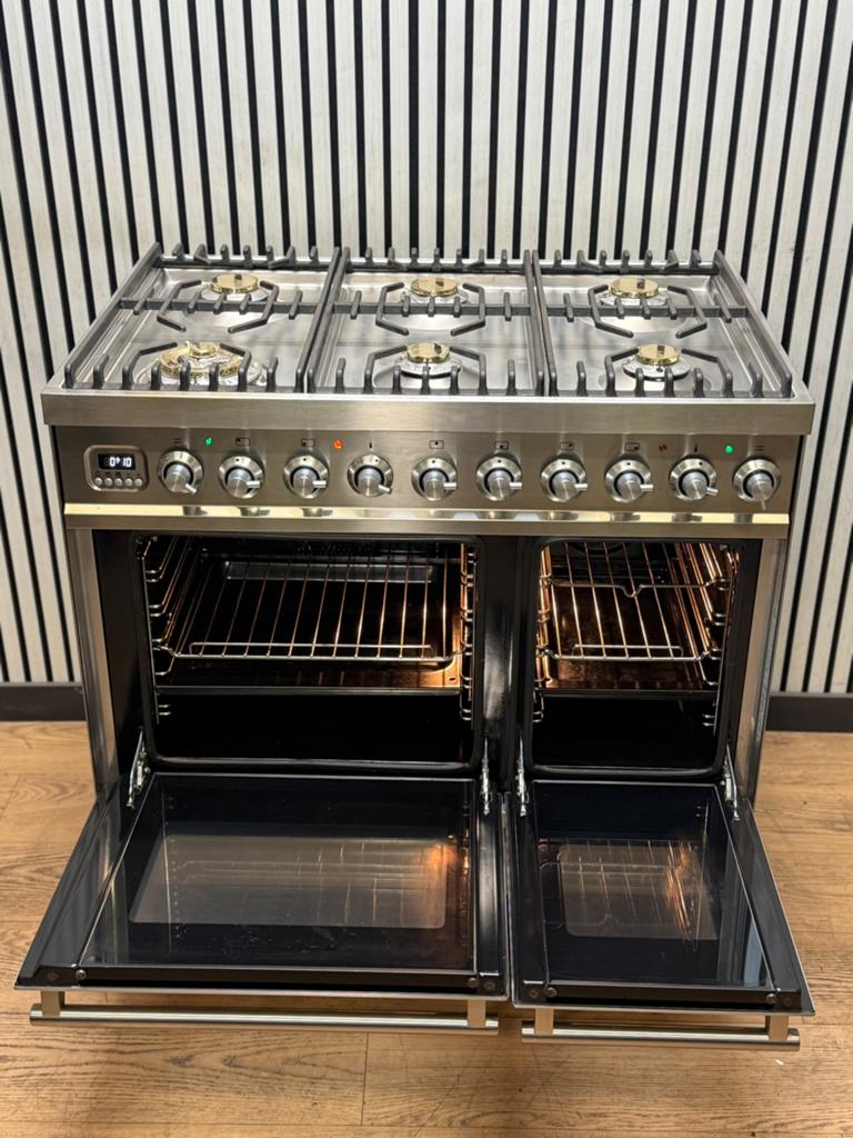 Luxe Boretti Fornuis 6 pits RVS met dubbele oven 90 cm, Fornello Esperta, Ophalen of Verzenden, Zo goed als nieuw, Energieklasse A of zuiniger