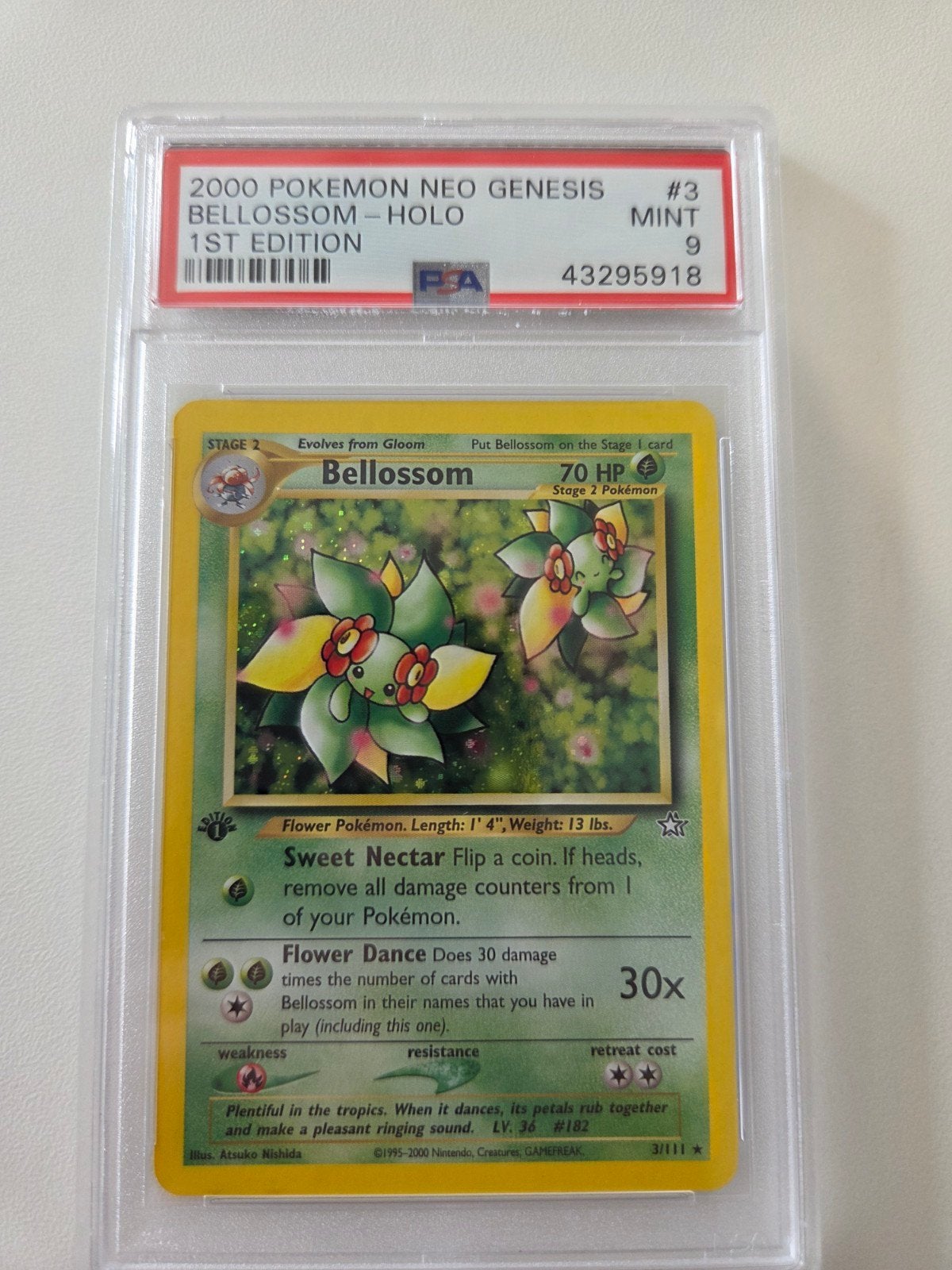 Pokemon Neo Genesis 1st Edition Bellossom PSA 9, Ophalen of Verzenden, Zo goed als nieuw, Losse kaart, Foil