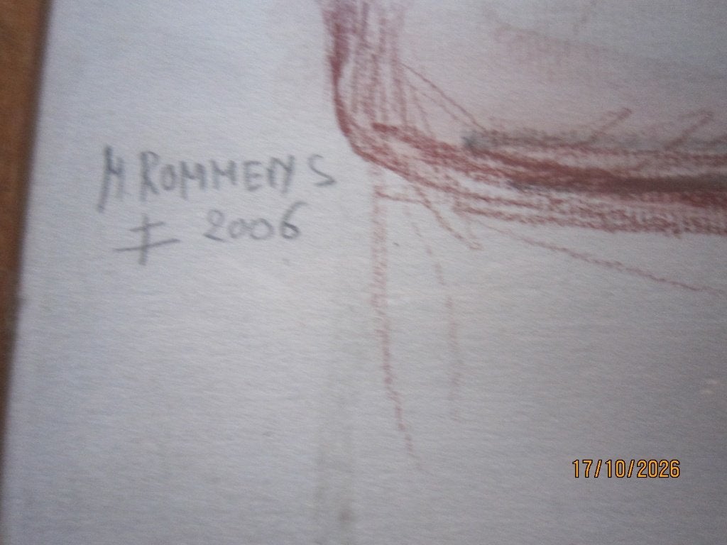 M.ROMMENS, 2006, Mooie Rood Krijttekening v/e Naakte Dame, Ophalen of Verzenden, Tekening