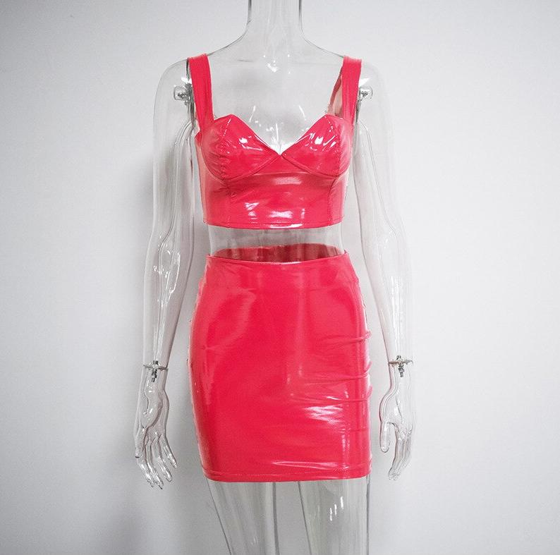 Roze lak leren rok en top setje leer glimmende sexy dames, Maat 38/40 (M), Verzenden, Nieuw, Roze