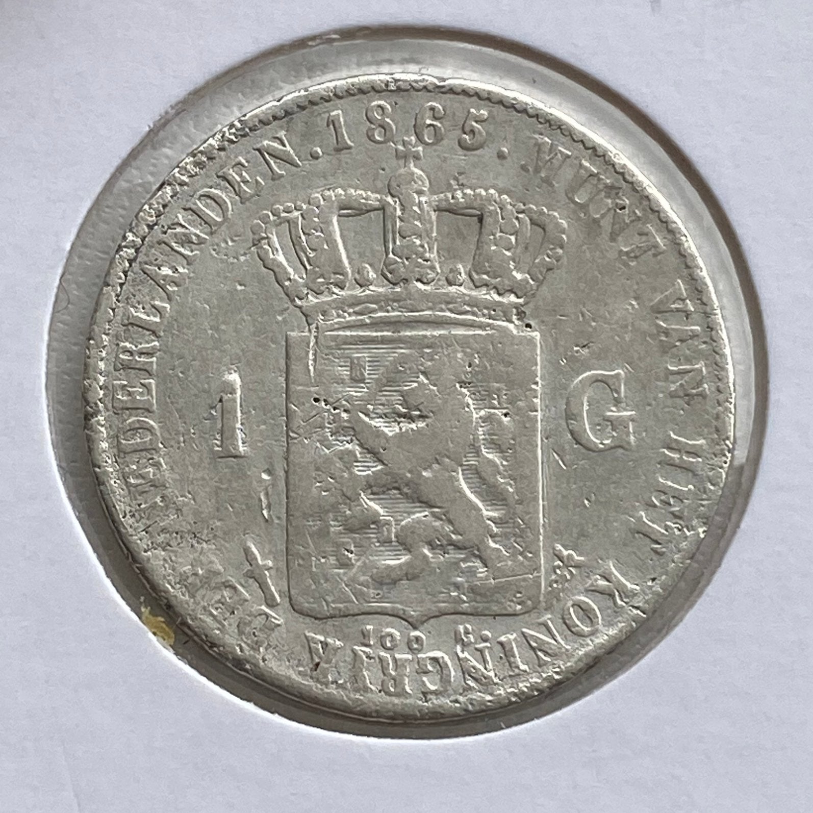 1 Gulden Zilver uit 1865 van Willem 3, 1 gulden, Koning Willem III, Verzenden, Zilver