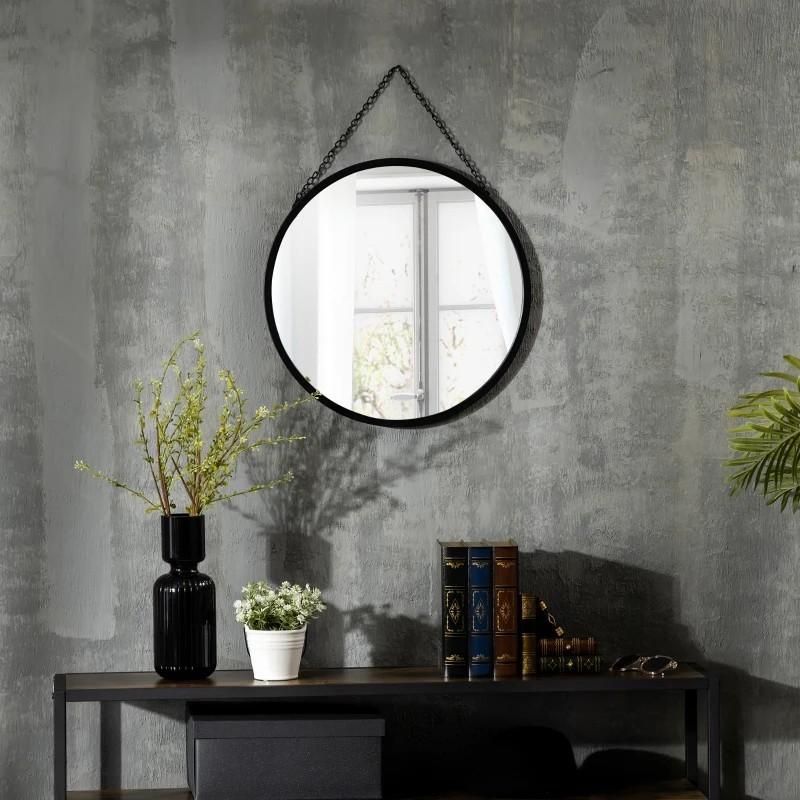Ronde spiegel met ketting - Zwart - 50 cm, Huis en Inrichting, Woonaccessoires | Spiegels, Ophalen of Verzenden