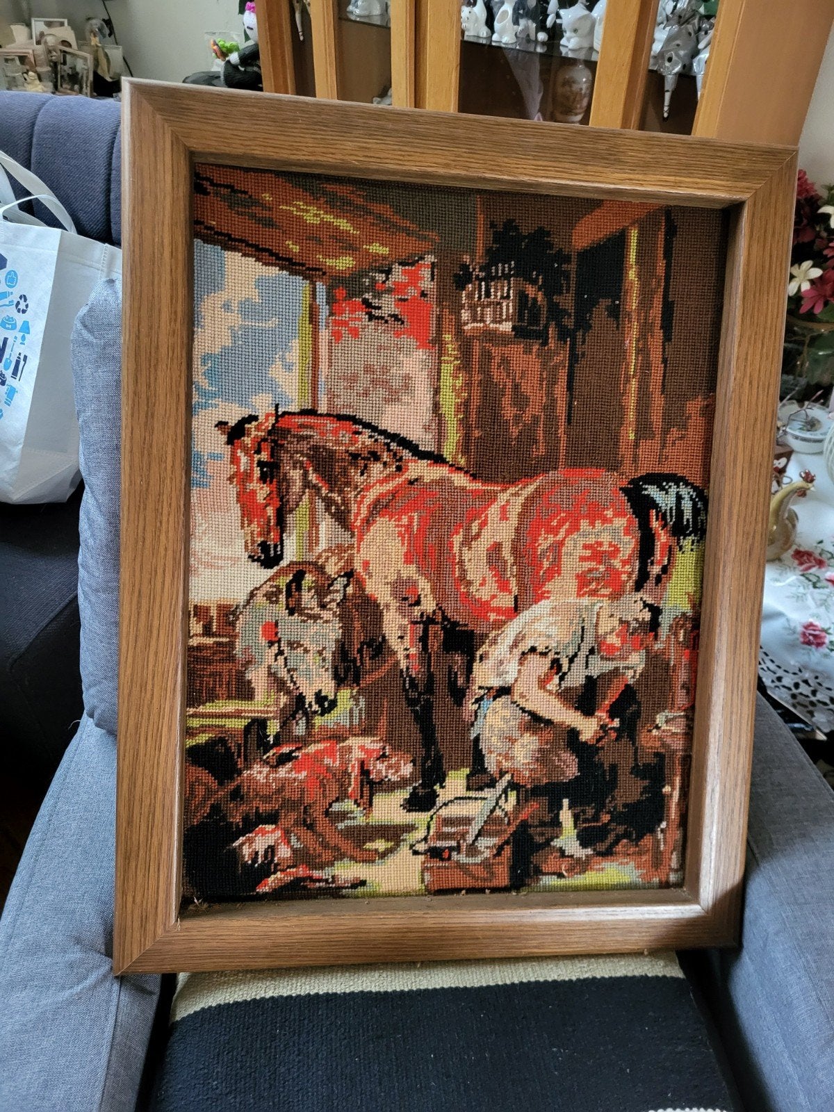 Vintage Gobelin Paard en Smid - Handgemaakt Kunstwerk, Ophalen, Handgeschilderd, Dieren, Klassiek