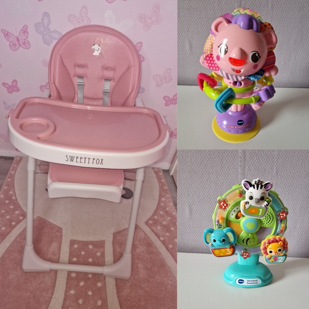 Roze Sweety Fox kinderstoel en speeltjes, Ophalen, Zo goed als nieuw, Overige typen, Afneembaar eetblad