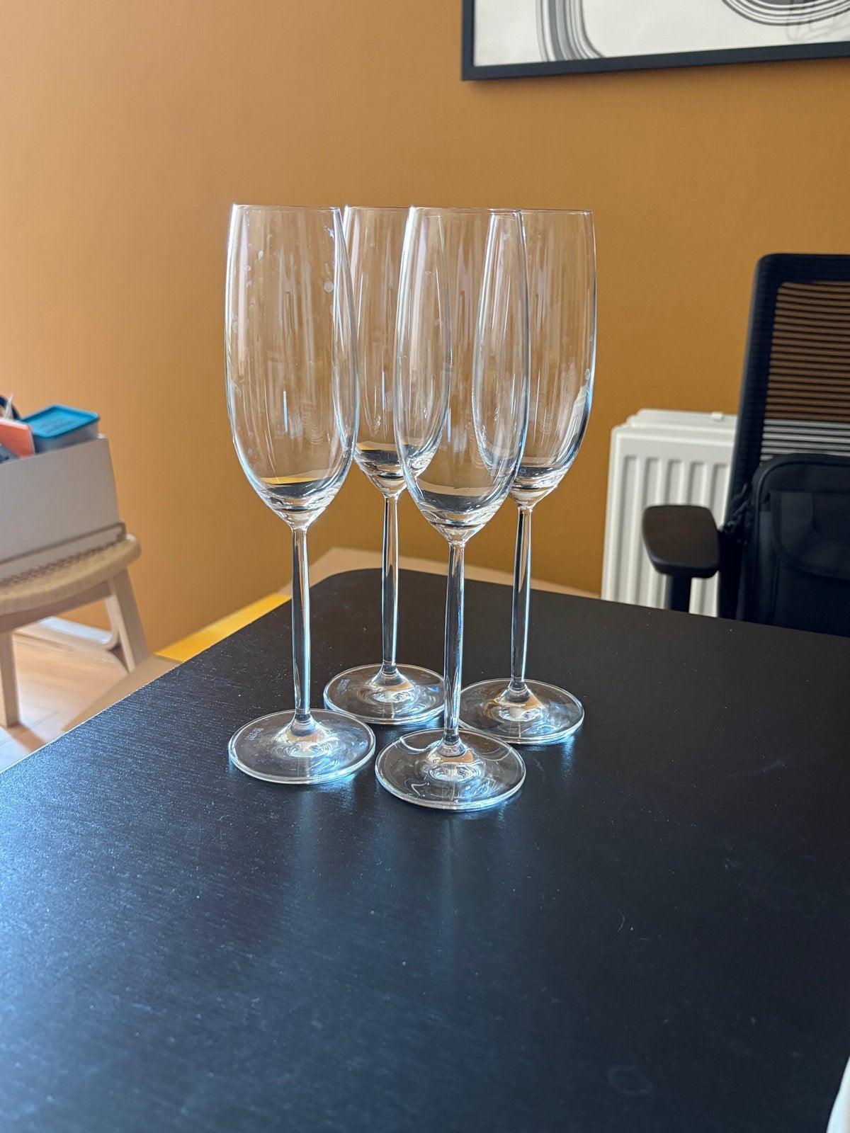 Set van 4 Schott Zwiesel champagneglazen, Ophalen, Zo goed als nieuw, Overige stijlen, Glas of Glazen