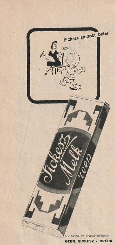 Retro reclame 1950 Sickesz chocolade baby wil 't ook, Verzenden, Overige typen