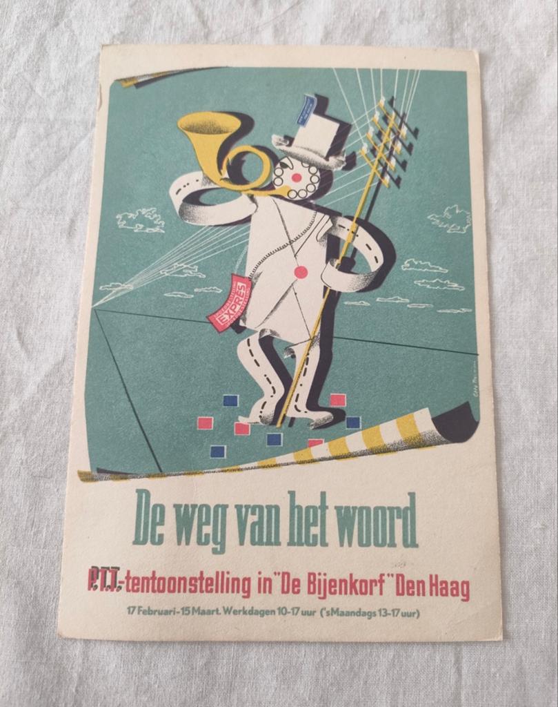 Promotie kaart v/d PTT tentoonstelling Bijenkorf Den Haag., Ophalen of Verzenden, 1940 tot 1960, Gelopen, Cultuur en Media