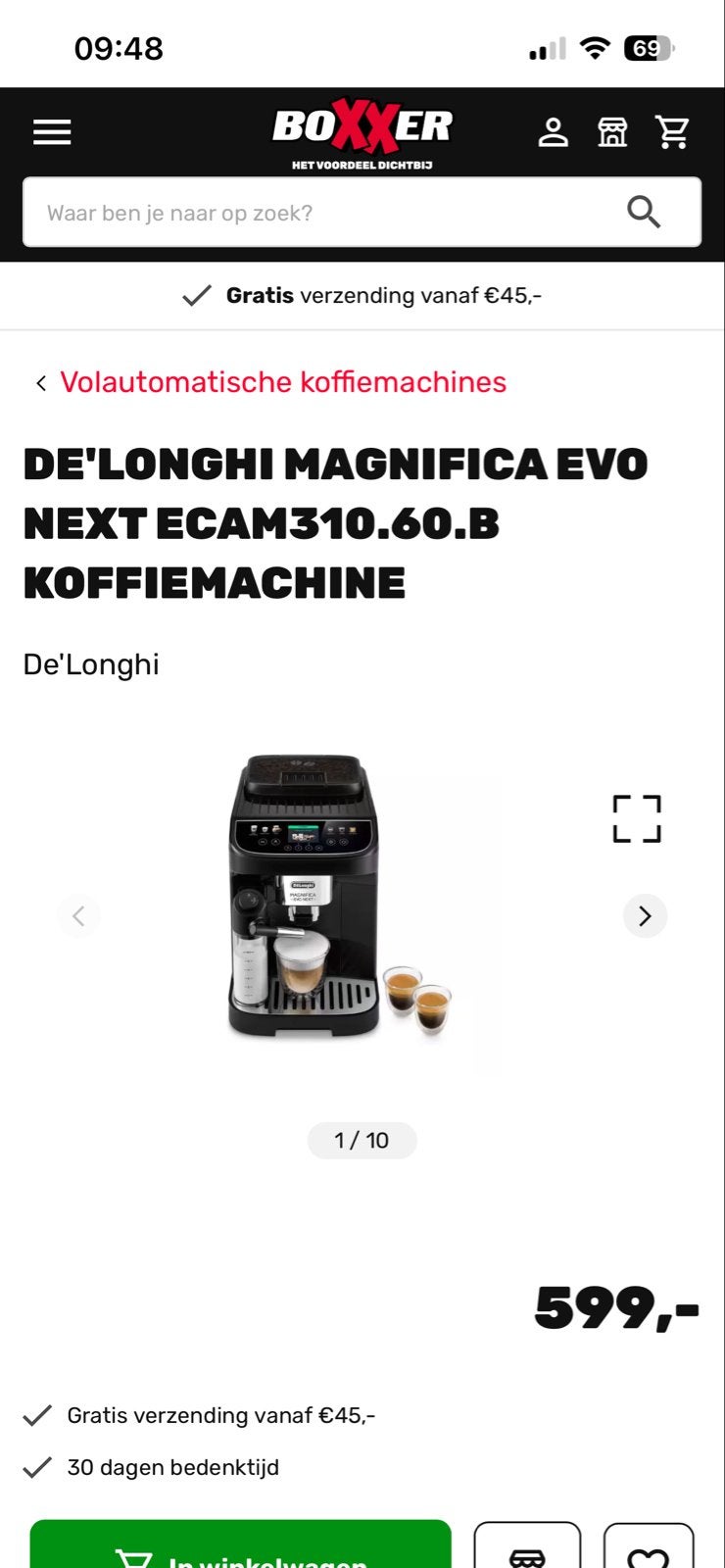 De'Longhi Magnifica Evo Next ECAM310.60.B Koffiemachine, Afneembaar waterreservoir, Koffiemachine, Zo goed als nieuw, Koffiebonen