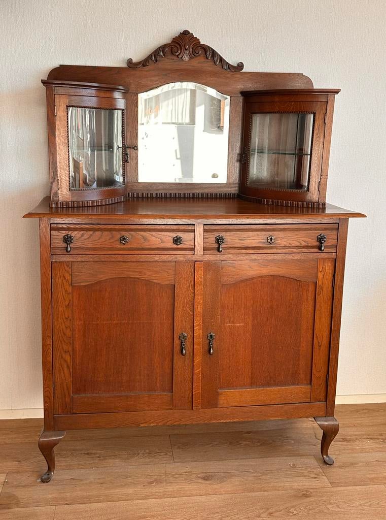 Antiek dressoir met spiegel en vitrinekastjes, Ophalen, Gebruikt, 100 tot 150 cm, Eikenhout