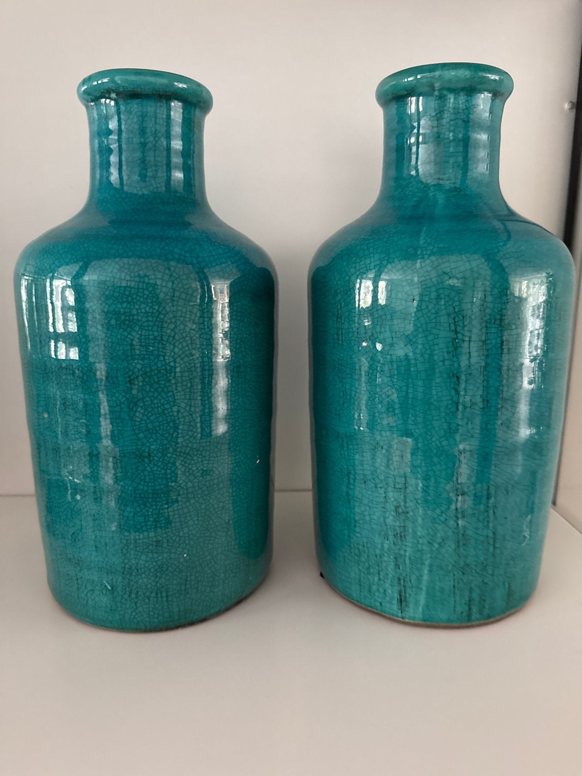 Set van 2 turquoise craquelé vazen, Ophalen of Verzenden, Zo goed als nieuw, Blauw, Steen/keramiek