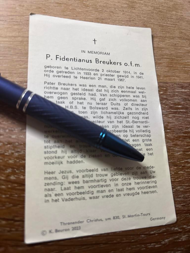 Breukers Fidentianus Lichtenvoorde 1967 Heerlen priester, Ophalen of Verzenden, Bidprentje