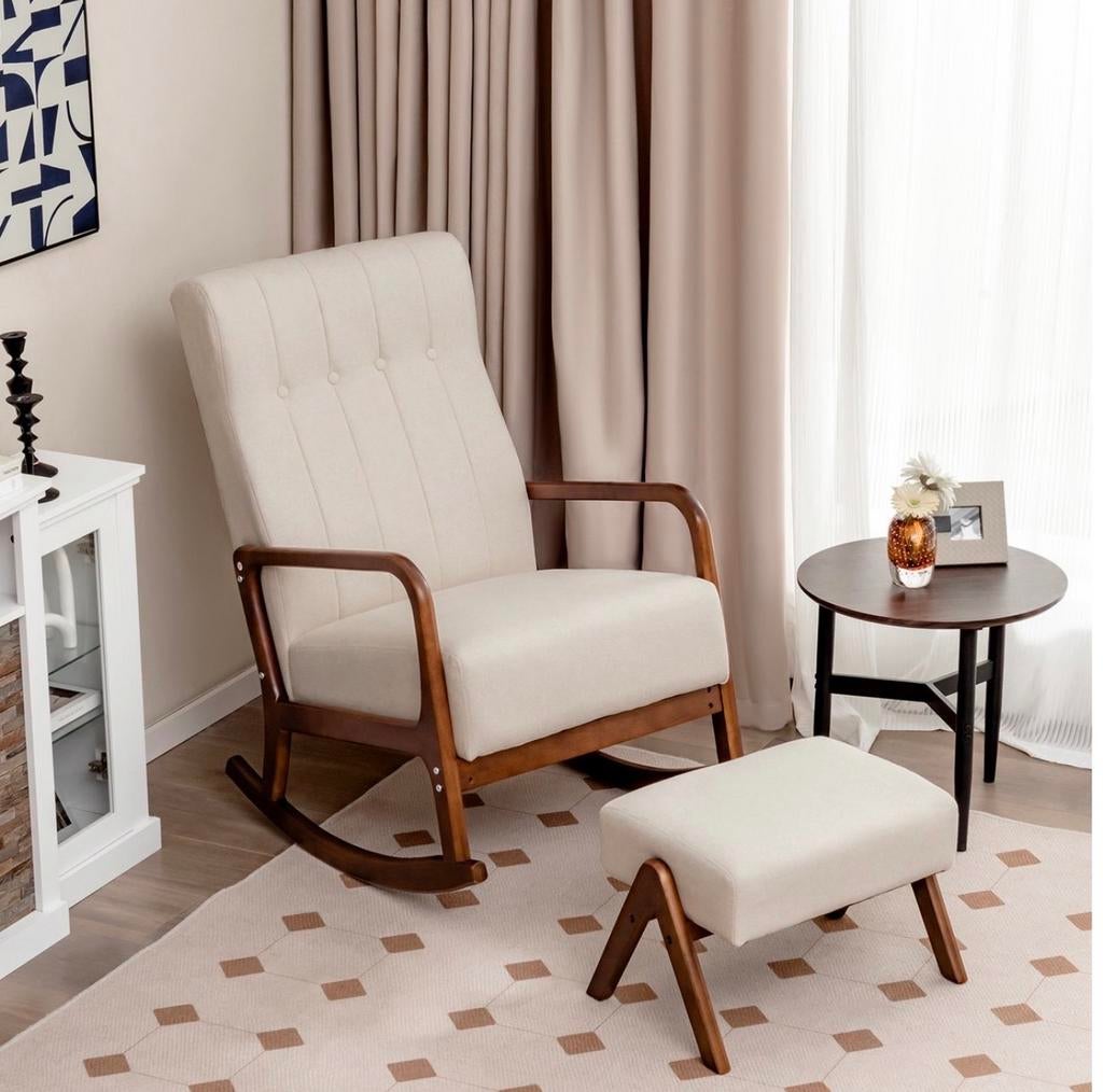 Schommelstoel/voedingsstoel met voetenbankje - walnoot, Huis en Inrichting, Fauteuils, Ophalen, Nieuw, 75 tot 100 cm, 50 tot 75 cm