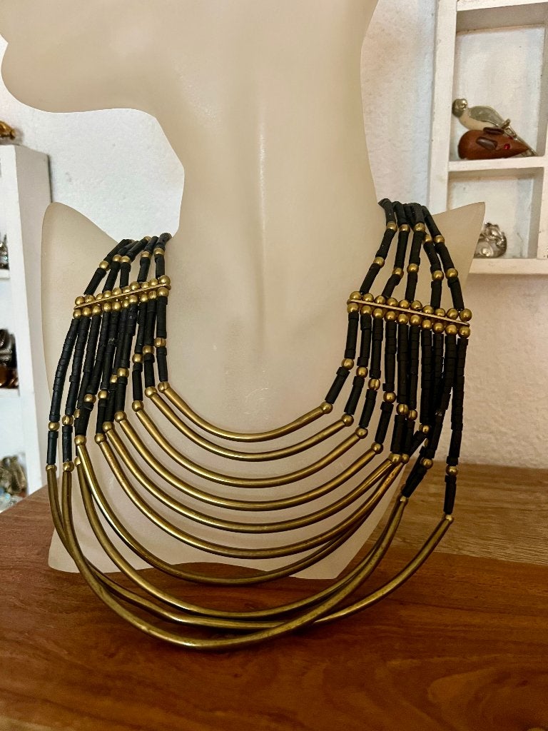 Vintage retro goudkleurige design boho zwarte kralen ketting, Zwart, Ophalen of Verzenden, Zo goed als nieuw, Overige materialen