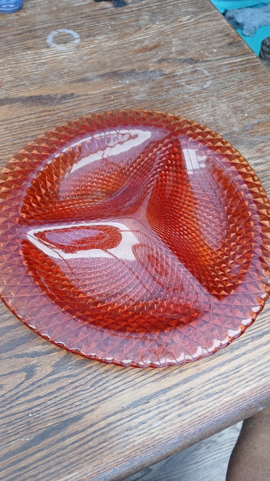Vintage Oranje Glazen Serveerschaal met 3 Vakken, Antiek en Kunst, Ophalen of Verzenden