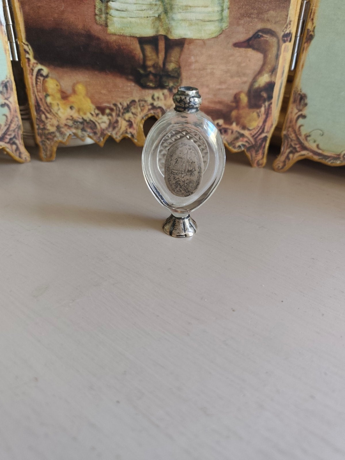 OUD PARFUM FLESJE KRISTAL MET ZILVER, Ophalen of Verzenden