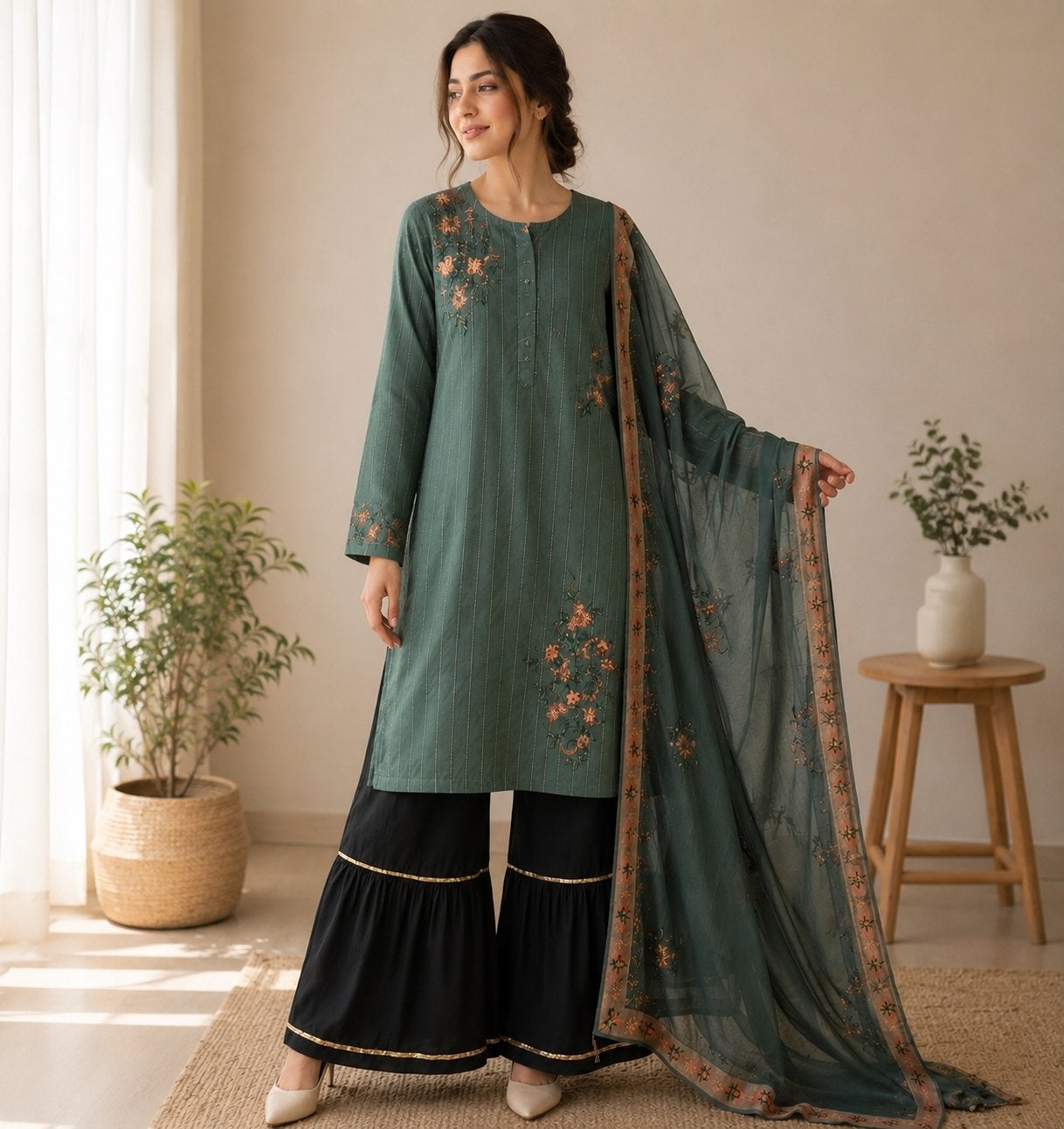Groene Indiase Salwar Kameez met borduurwerk, Kleding | Dames, Jurken, Maat 38/40 (M), Nieuw, Ophalen of Verzenden, Onder de knie