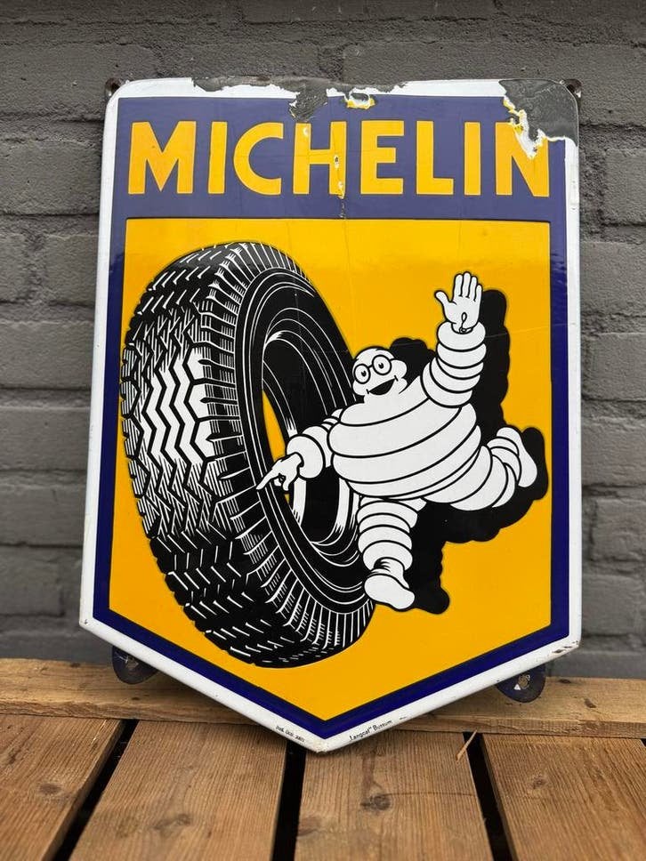 Vintage Michelin Emaille Reclamebord, Reclamebord, Gebruikt, ., Ophalen of Verzenden