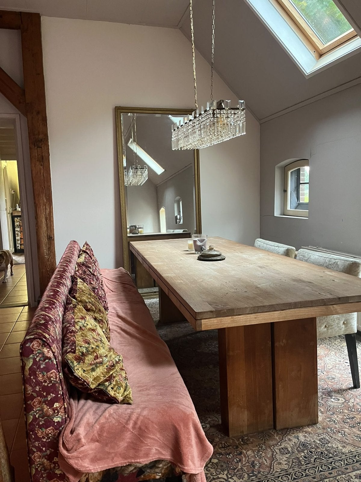 Robuuste houten eettafel met bankje, krukje en salontafel, Ophalen, Gebruikt, Hout