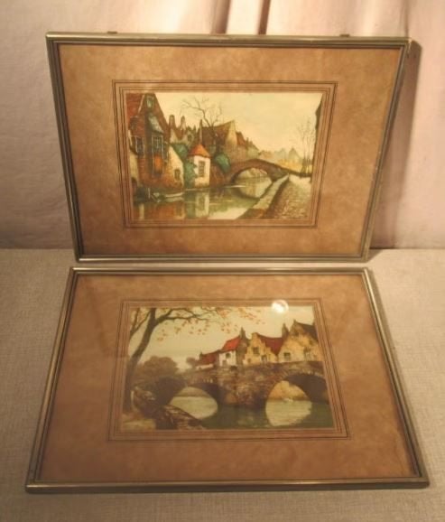 2 Leuke Schilderijtjes met Zicht in Brugge - 41x31, Achter glas, Ophalen of Verzenden, Aquarel, Papier
