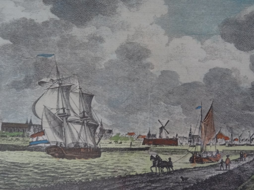 Handgekleurde druk gravure Haven Vlissingen, M. Sallieth, Gebruikt, Verzenden, Voor 1940, Prent