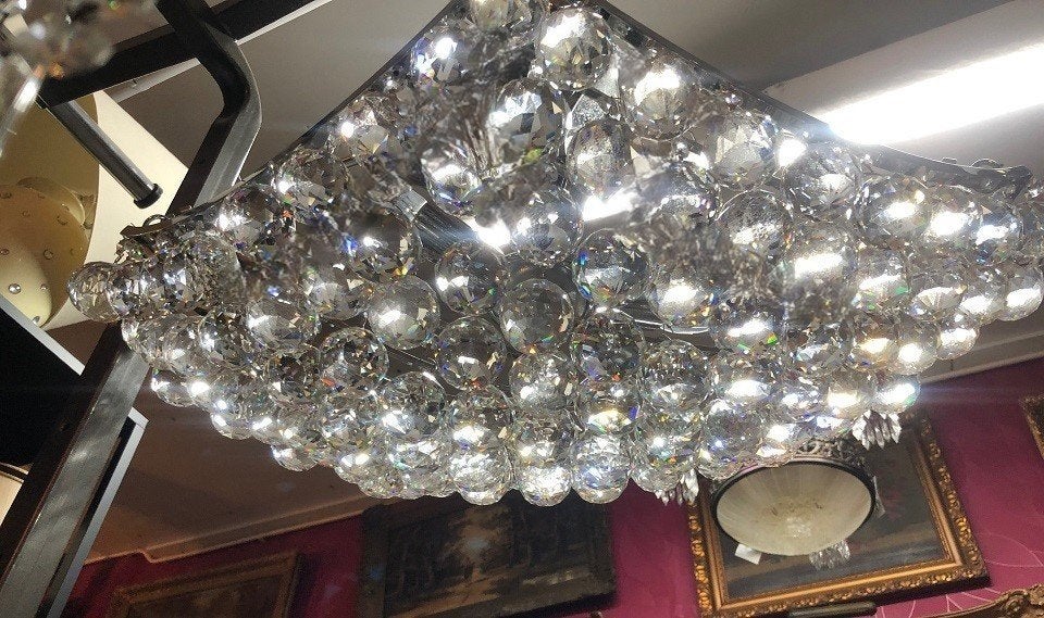 Kristallen plafondlamp swarovski ballen kroonluchter zilver, Ophalen, Zo goed als nieuw, Overige materialen