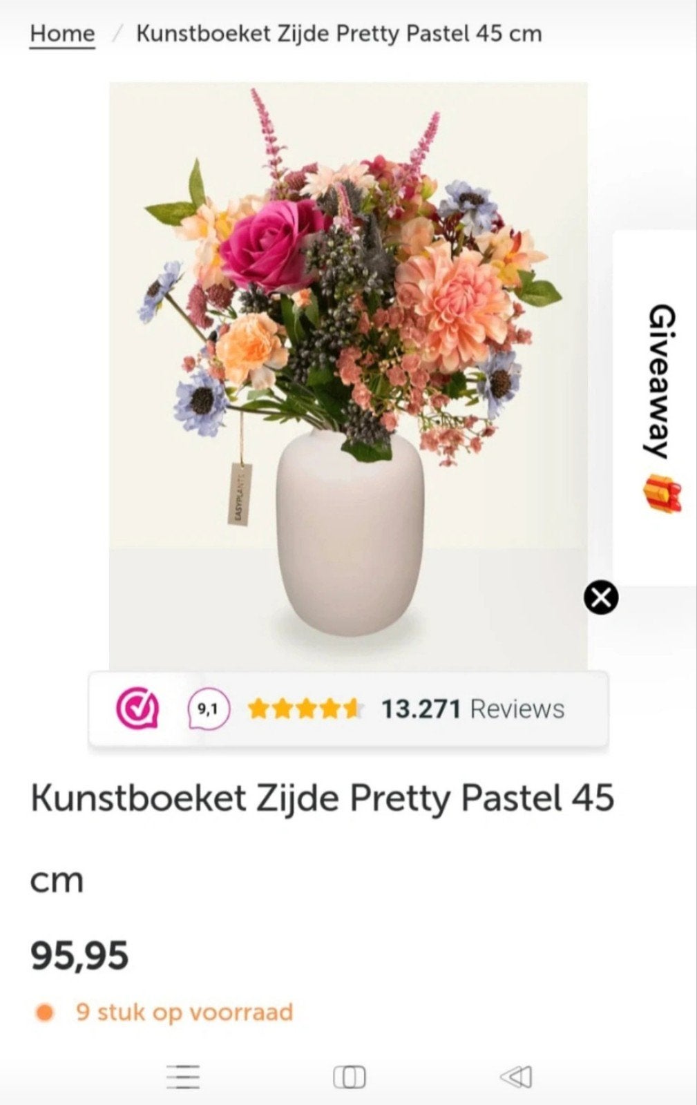 Kunstboeket Zijde Pretty Pastel 45 cm - Easyplants NIEUW!, Binnen, Ophalen of Verzenden, Boeket, Easyplants