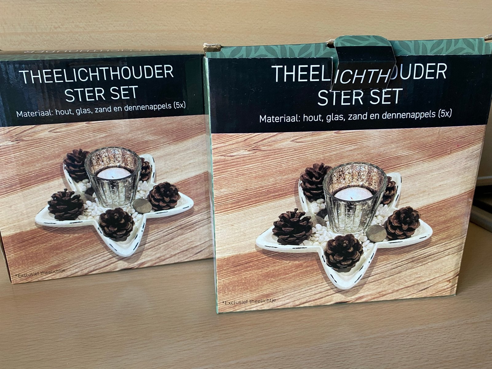 Theelichthouder Ster Set waxine Hout, Glas, Dennenappels, Hout, Nieuw, Ophalen of Verzenden, Landelijk