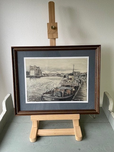 Ingelijste afbeelding schip Harecraig II. R Thompson 1986, Gebruikt, Schilderij, Klassiek, 36 cm