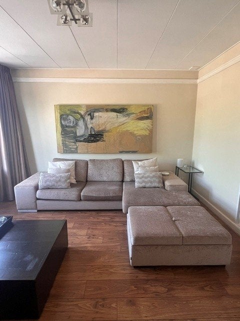 Grote comfortabele hoekbank met hocker, Ophalen, Gebruikt, 100 tot 125 cm, Modern, Beige, Taupe, Tijdloos, Strakke lijnen