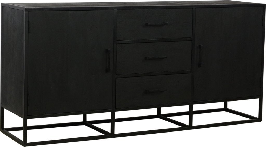 dressoir 180 cm 3 lades 2 deurs  massief mango zwart metaal, Overige houtsoorten, Dressoir Mango massief zwart 180 cm breed deuren en lade