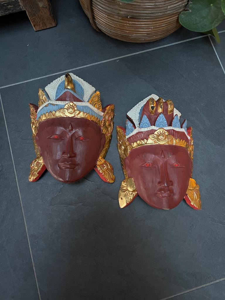 Rama Sita houtsnijwerk vintage masker set 30 cm, Handgemaakt, 20 - 50 cm, Hout, Azië