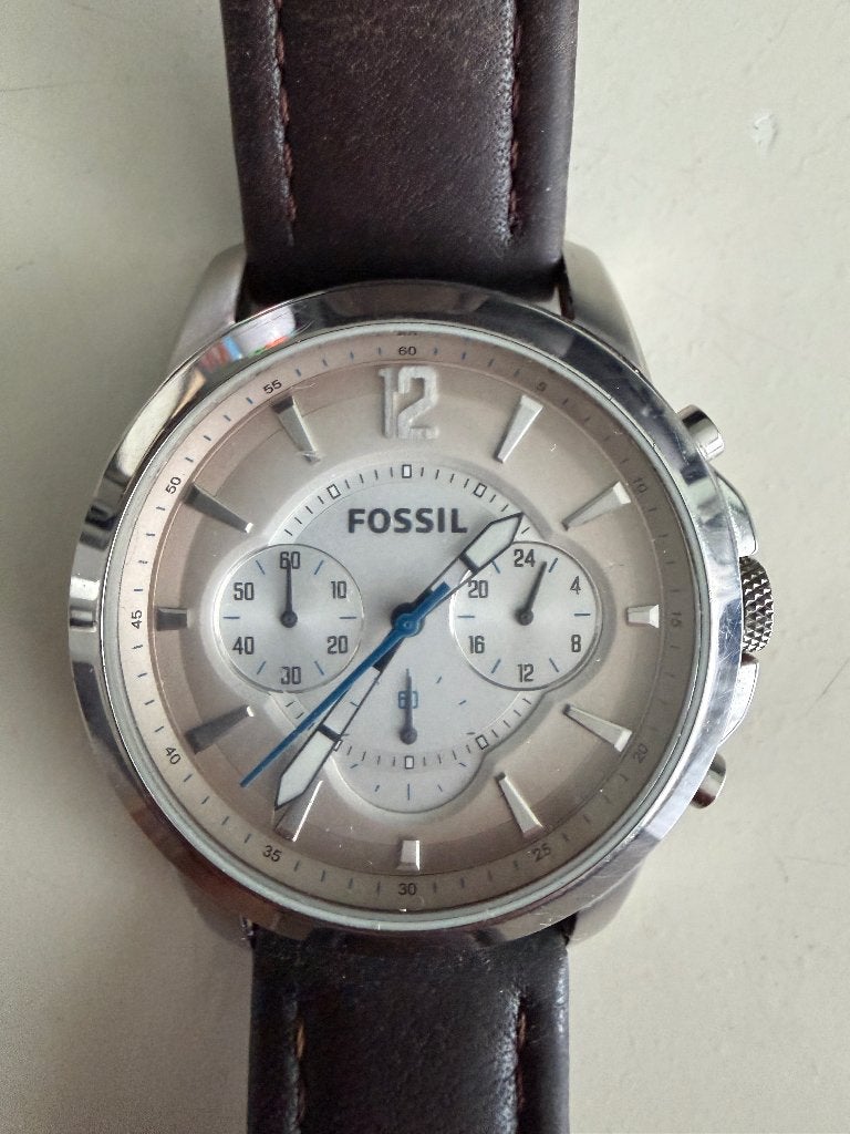 Fossil Herenhoroge FS-4533 met leren band, Overige merken, Staal, Polshorloge, Ophalen of Verzenden