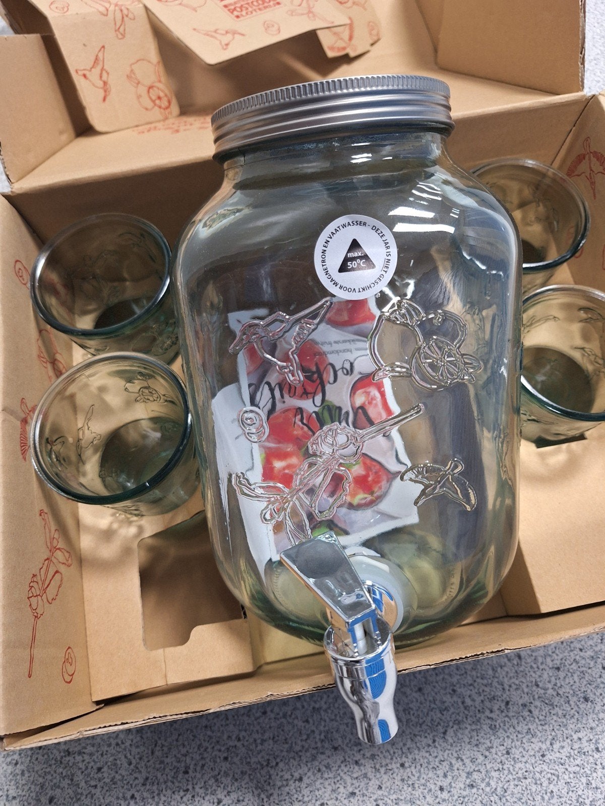 Glazen waterkan met 4 glazen - Nieuw in doos, Ophalen, Nieuw, Overige merken, Glas