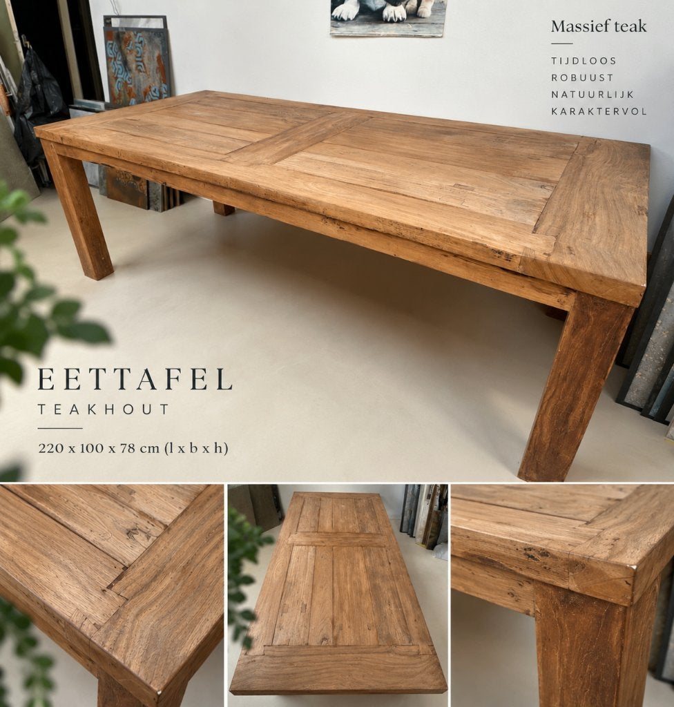 Robuuste massief teakhouten eettafel 220 cm, Ophalen, Gebruikt, Teakhout, 200 cm of meer