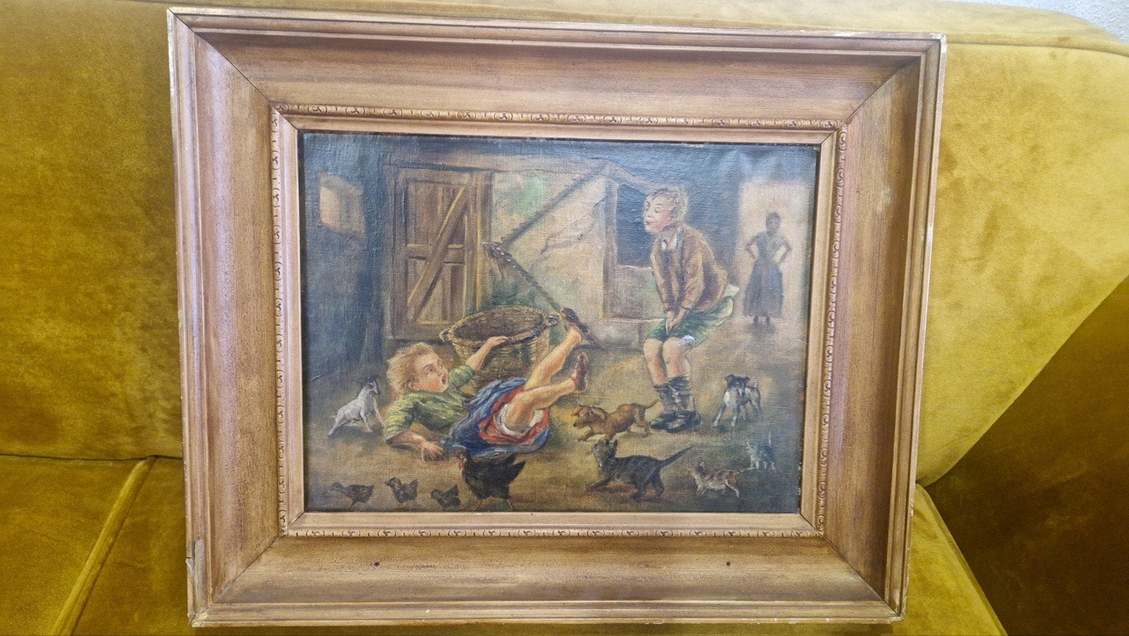 Oud olieverf schilderij met humoristische voorstelling, Ophalen of Verzenden