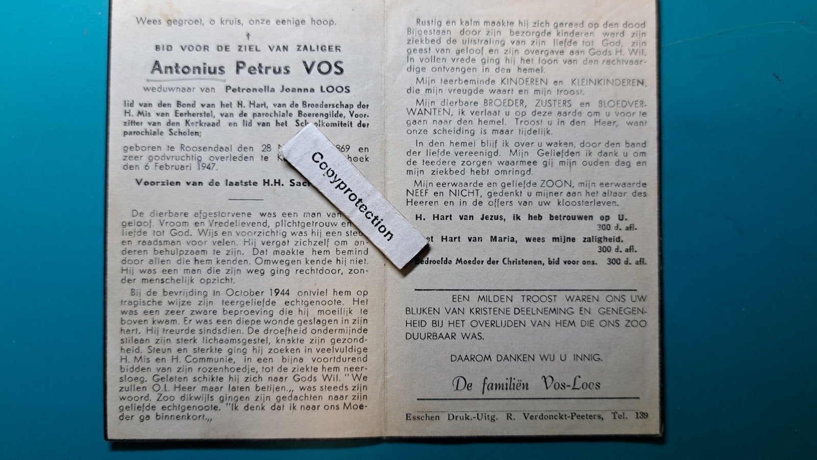 Antonius Petrus Vos, Roosendaal 1869, + Kalmthoutschenhoek, Verzenden, Bidprentje